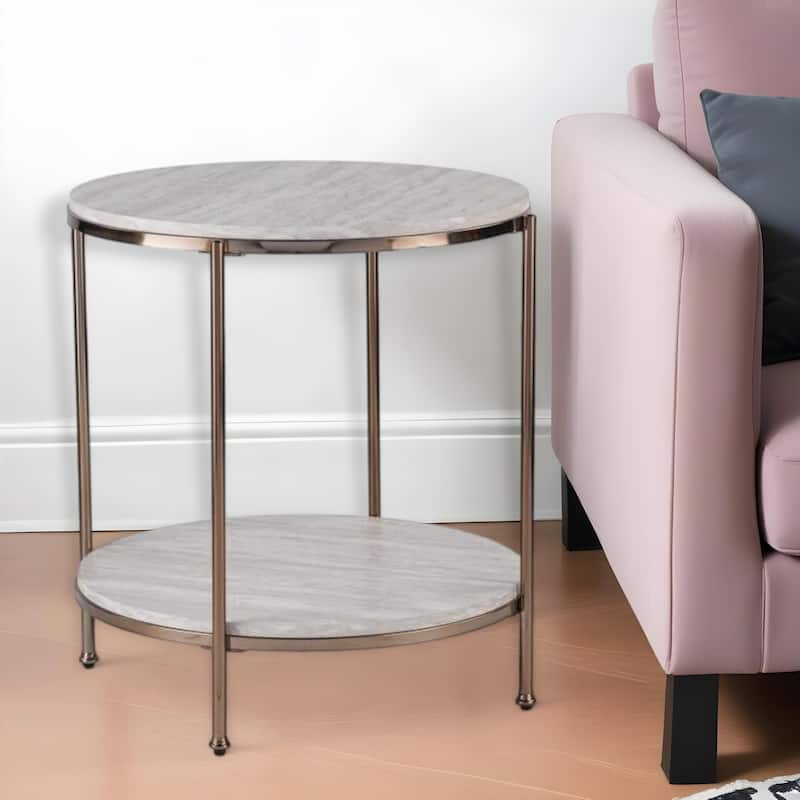 HomeRoots 24" Champagne Faux Marble And Iron Round End Table With Shelf - 22x22x24.25