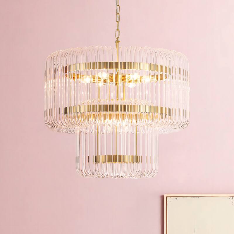 9-Light Modern Glam Drum Crystal 2-Tiered Round Chandelier Kitchen Island Pendant Light
