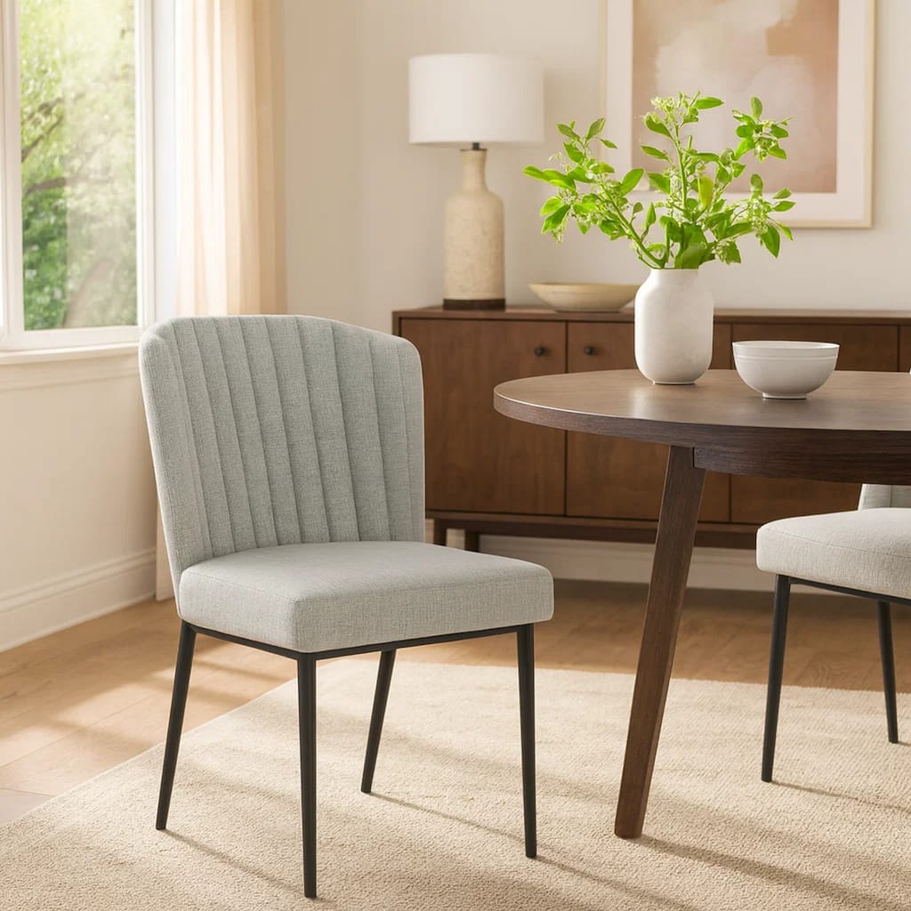 Ole Dining Chair Set of 2, Curved Back, Gray Woven Fabric, Black Metal