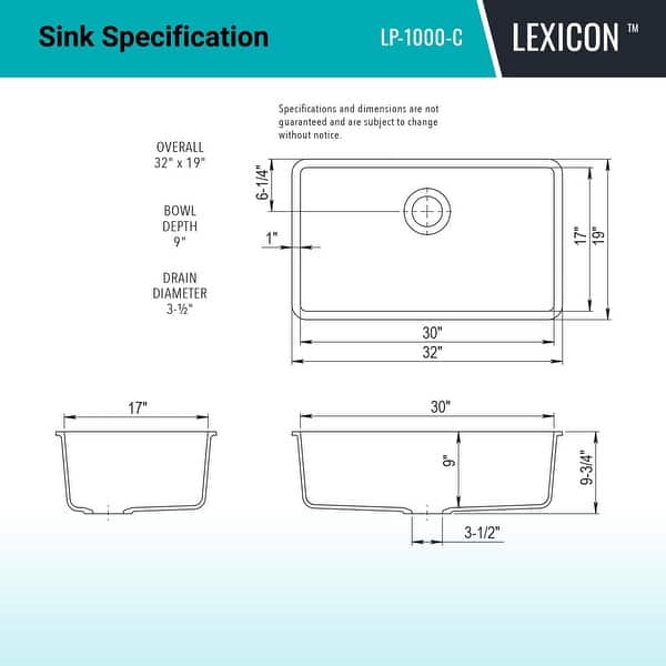 dimension image slide 0 of 6, Lexicon Drop-In Quartz 32 Inch Single Bowl Kitchen Sink Kit - 32"x19"