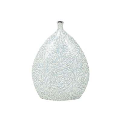 Mother of Pearl Shell Floral Handmade Large Mosaic Decorative Vase with Cream Underlay - Light Blue - Roche River Decor