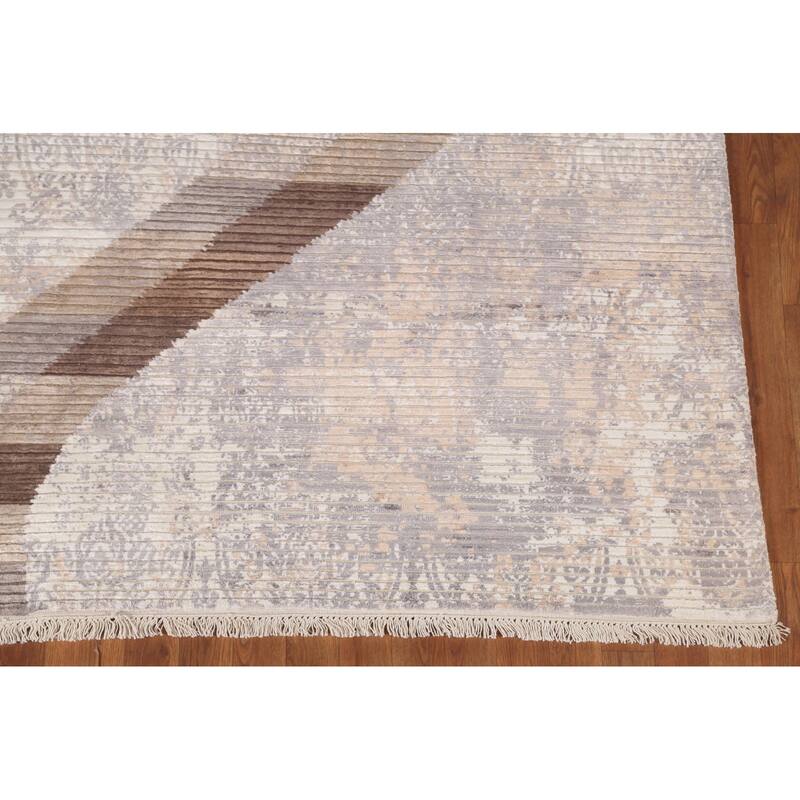Beige Striped Modern Indian Area Rug Handmade Wool Carpet - 6'6"x 9'1"