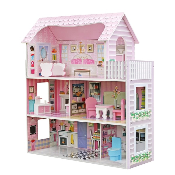 Large Children's Wooden Dollhouse Kid House Play Pink with Furniture. Opens flyout.