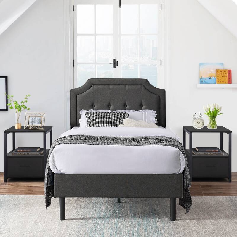 VECELO 3-Pieces Modern Upholstered Bed with Height Adjustable Headboard and Nightstands Sets