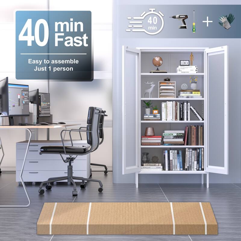 73 Inches High Metal Storage Cabinet With 2 Wire Mesh Doors, Suitable For Homes, Offices And Dining Rooms