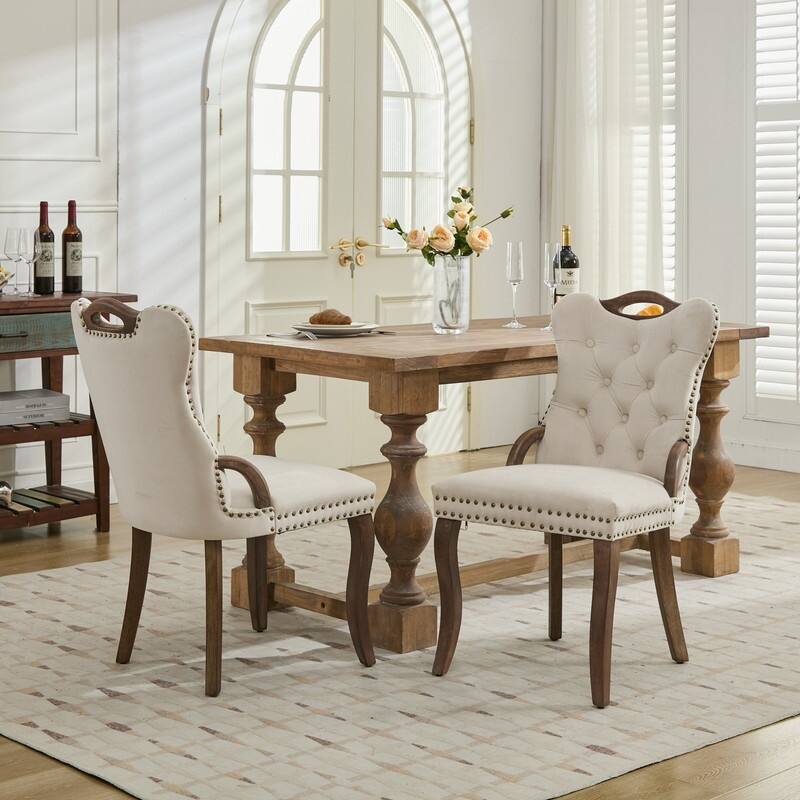 Velvet Dining Chairs with Tufted Trim & Copper Nail Accents - Set of 2