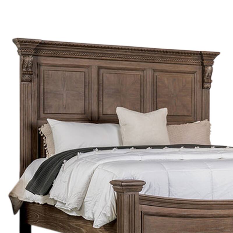 Reven Queen Bed, Weathered Oak Solid Wood, Intricate Carved Details