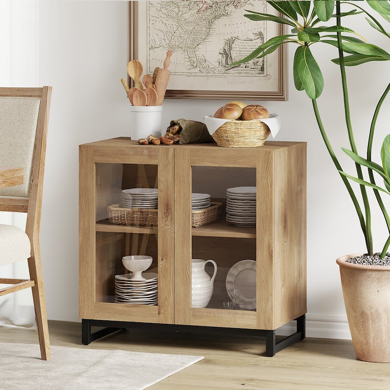 WAMPAT Multifunctional Sideboard Buffet Cabinets with Glass Doors, Modern Sideboard with Adjustable Shelf, Coffee Bar Cabinet - 1PCS - Oak