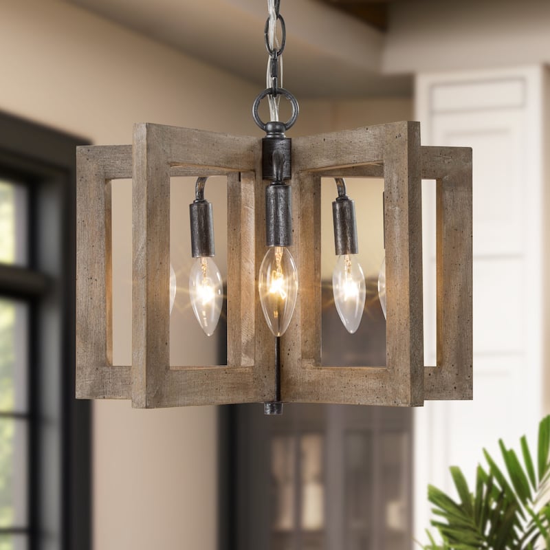 Kira Solid Wood Drum Kitchen Island Pendant Light Farmhouse Rustic Entryway Chandelier - L 14.2" x W 14.2 "x H 11.4"