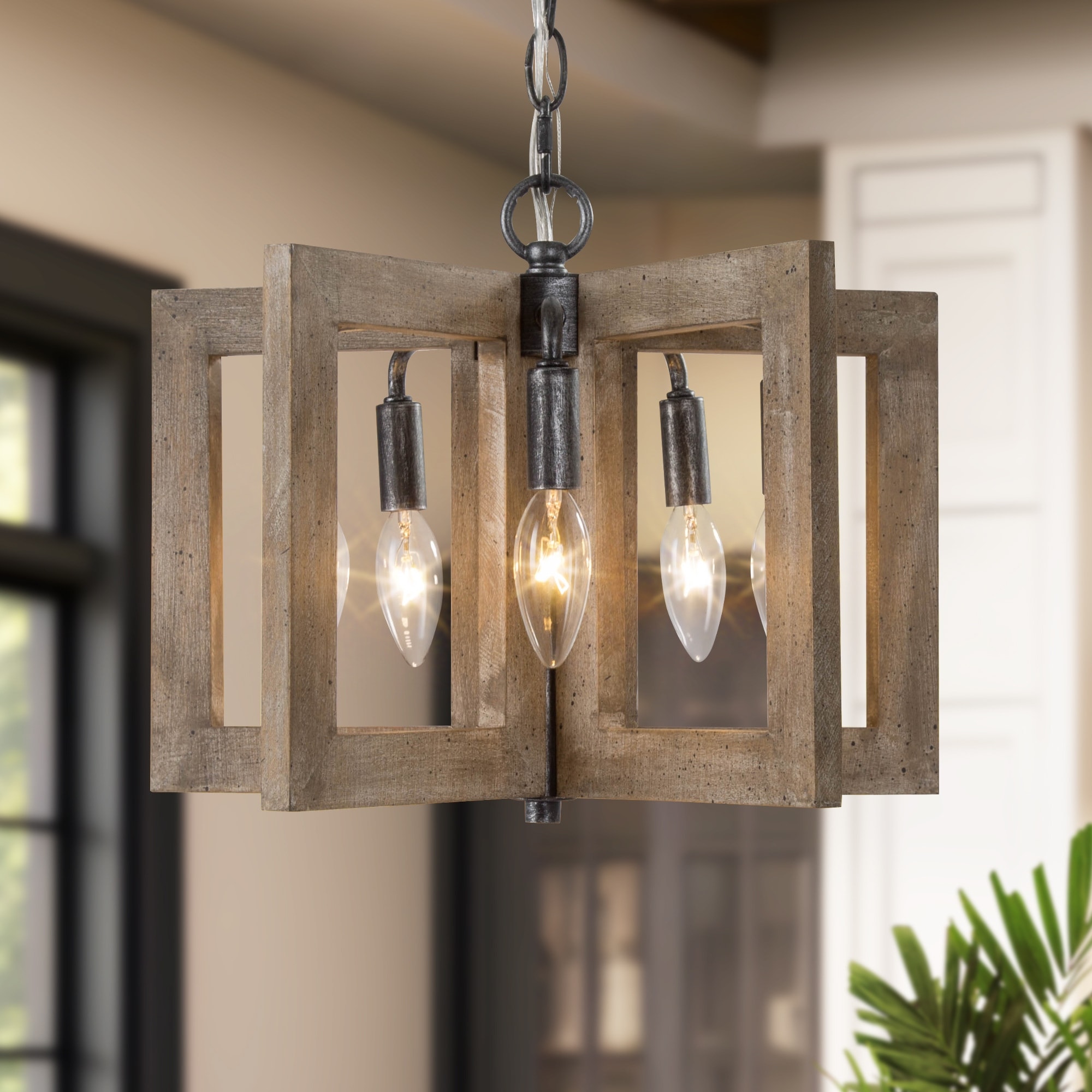 Kira Solid Wood Drum Kitchen Island Pendant Light Farmhouse Rustic Entryway Chandelier - L 14.2" x W 14.2 "x H 11.4"