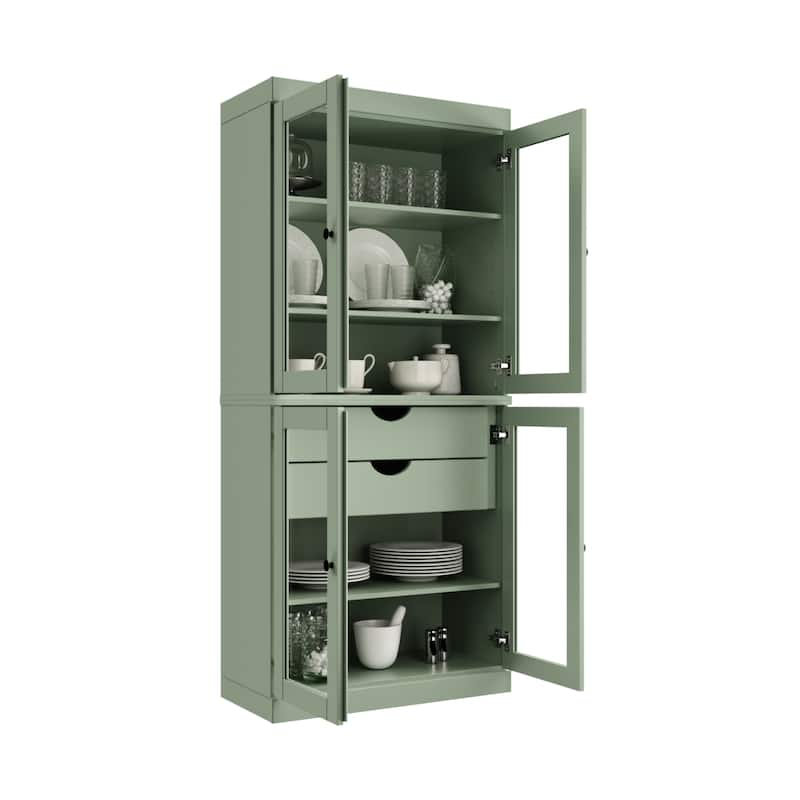 Palace Imports 100% Solid Wood Pantry Cabinet with Frosted, Clear Glass or Solid Doors, 2-Drawers and Adjustable Shelves