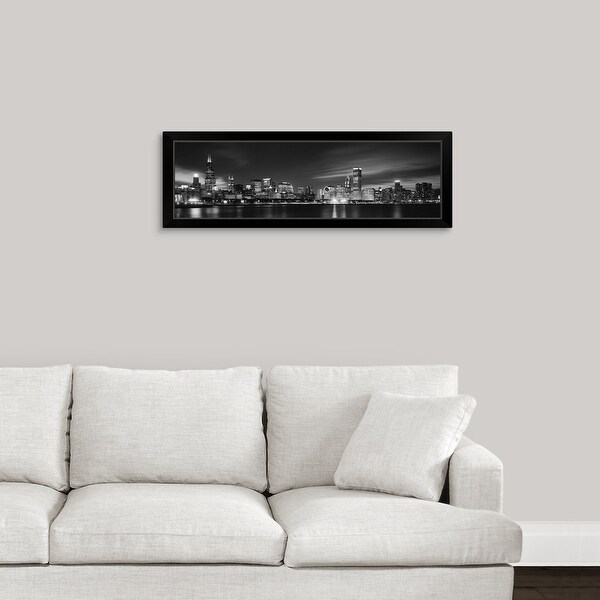 "Buildings at the waterfront lit up at night, Sears Tower, Lake Michigan, Chicago" Black Framed Print