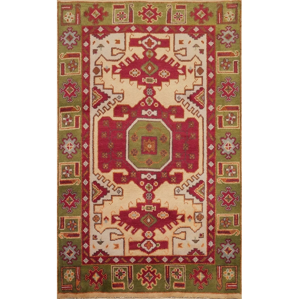 Hand Knotted Oriental 100% Wool Carpet Traditional Medallion Yellow & Gold Kazak Area Rug - 5' 9'' X 4' 0''