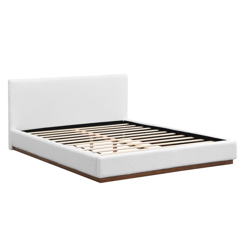 Elegant White Fabric Upholstered Bed With Nice Wood Grain Textured Solid Wood Base Frame,White,Queen