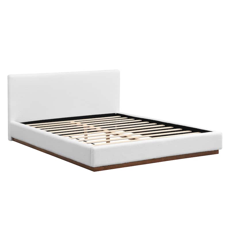 Queen / King Elegant White Fabric Upholstered Bed with Solid Wood Base