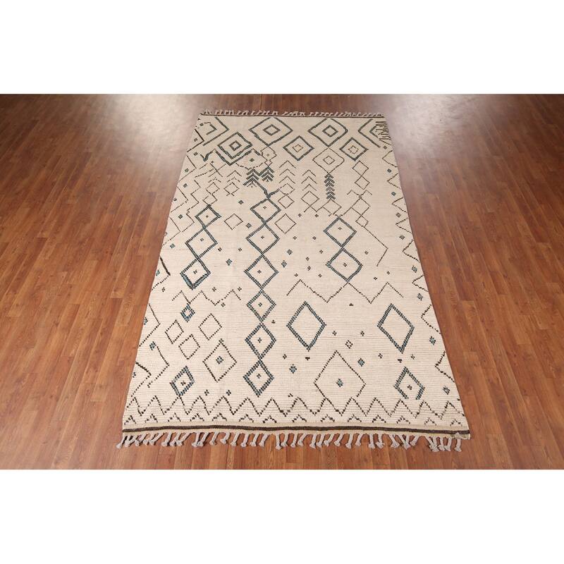 Geometric Ivory Moroccan Area Rug Handmade Wool Carpet - 5'9"x 9'6"