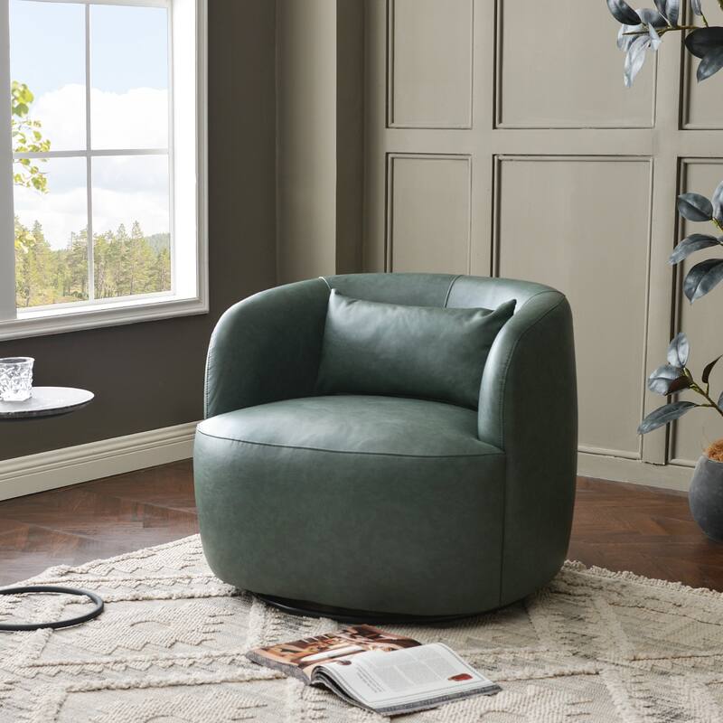 KINWELL 34" Wide Swivel Faux Leather Barrel Armchair Upholstered PU Leather Accent Chairs for Living Room Office Lounge - Set of 1 - Green