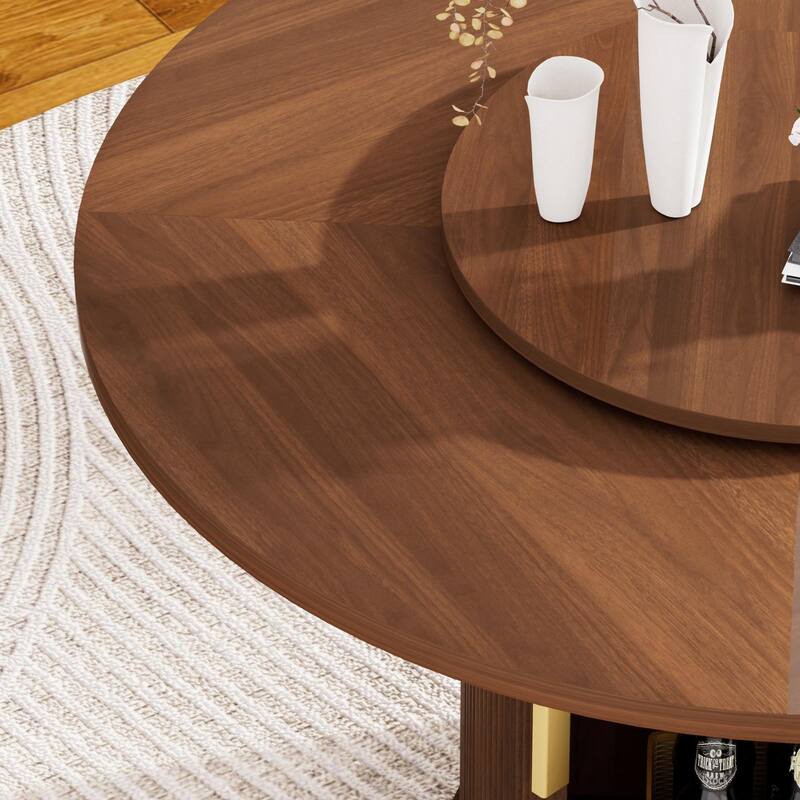 55" Round Dining Table with Rotating Tray and Double-Tiered Storage Rack for Six