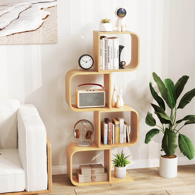 Costway 1/2 PCS 4-Tier S-Shaped Bookcase with 4 Open Cubes Geometric