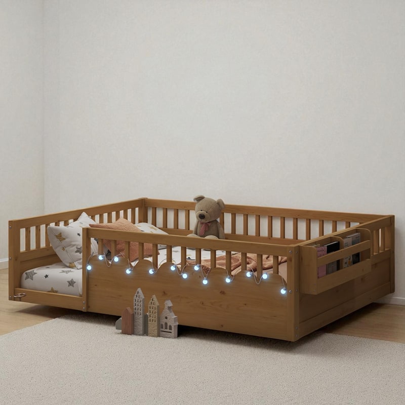 Twin/Full Montessori Wooden Floor Bed with High Rails, LED Light, and Side Storage Shelf for Kids
