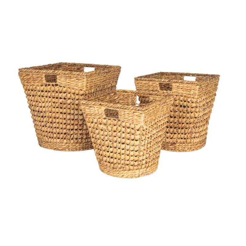 Hand-Woven Water Hyacinth and Metal Baskets, Set of 3 - 17.3"L x 17.3"W x 18.1"H