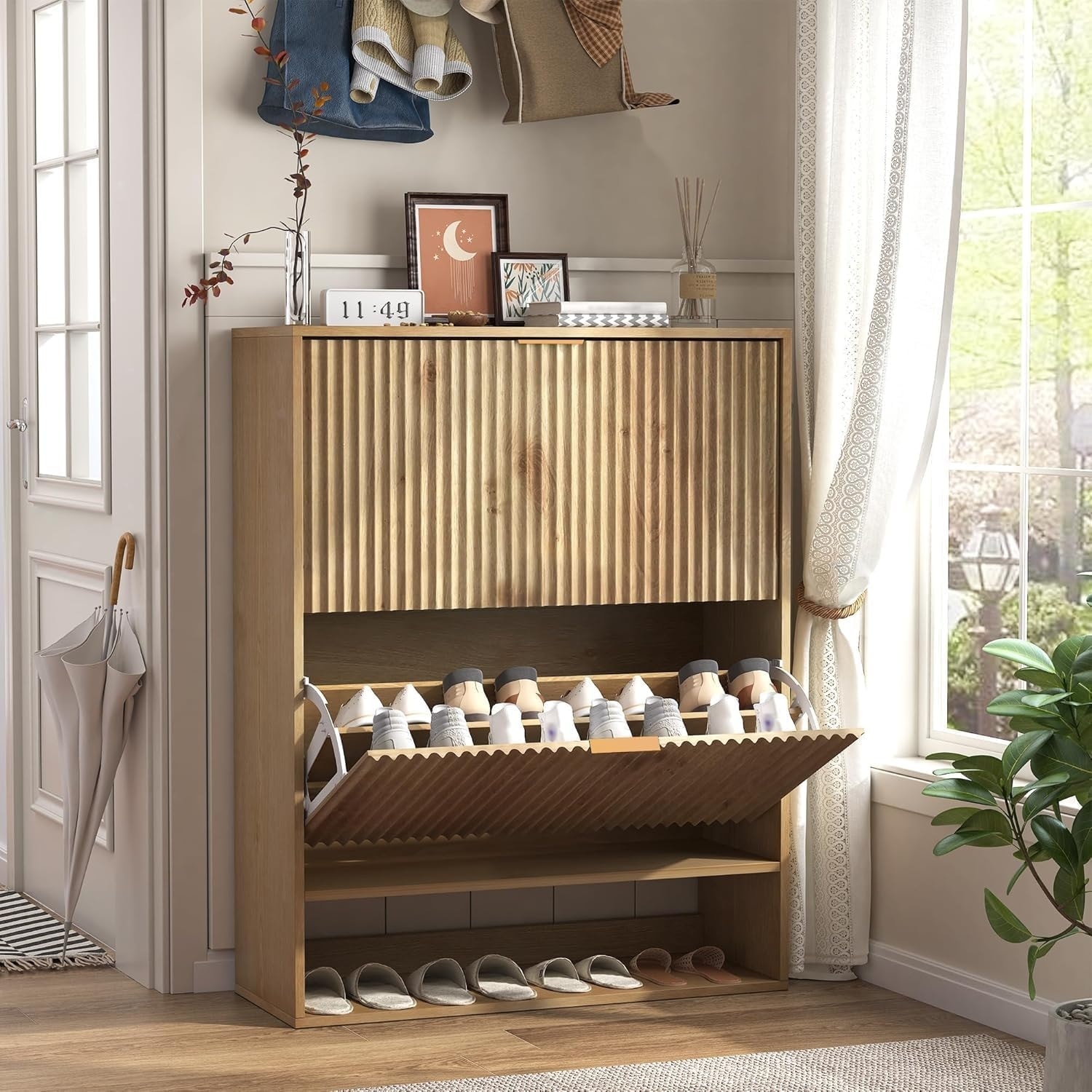 Slim Freestanding Shoe Cabinet, Narrow Fluted Shoe Storage Slim Freestanding Shoe Cabinet, Narrow Fluted Shoe Storage