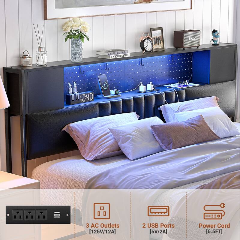Farmhouse Bed Frame with Holey Board, Upholstered Headboard Platform Bed with Charging Station