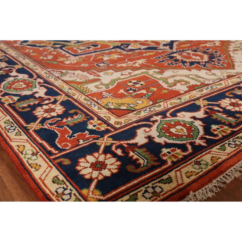 Orange Geometric Heriz Serapi Indian Area Rug Handmade Wool Carpet - 9'1" x 11'8" - 9'1" x 11'8" - Orange