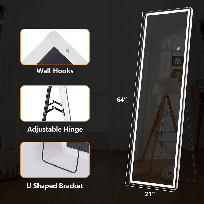 Floor Mirror with LED Light, 64" x 21" Full Length Mirror with Stand, Hanging Mirror Wall Mounted Mirror Full Body Mirror
