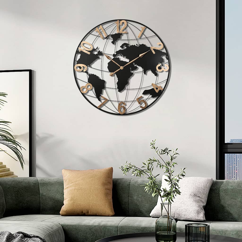 GDFStudio - WorldTime American Vintage Large Metal World Map Wall Clock with Gold Arabic Numerals - 36 Inch