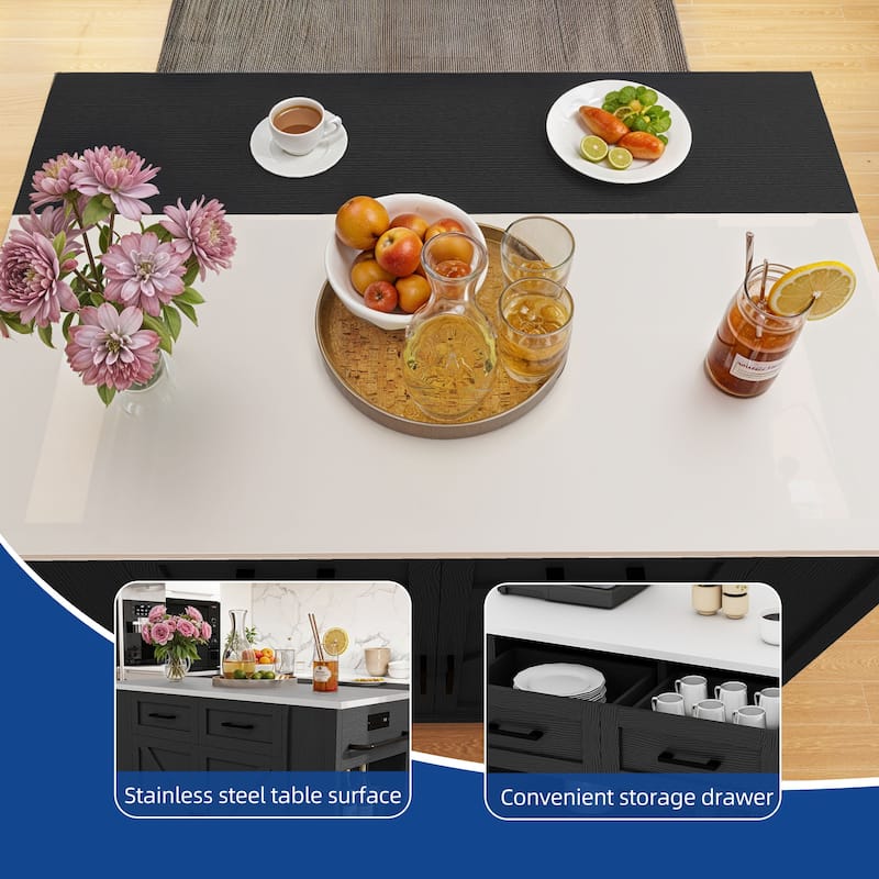 Moasis Drop Leaf Kitchen Island Cart with Stainless Steel Top And Power Outlets