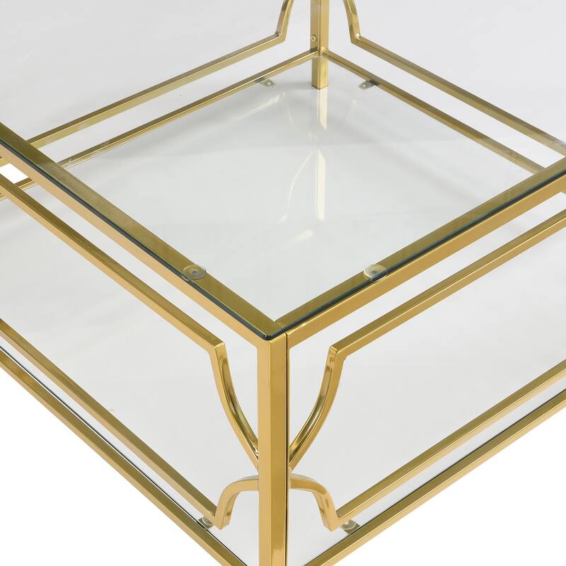 33.5" Square Glass Coffee Table, Modern Metal Frame Table with Tempered Glass Top & Lower Shelf, Luxury Living Room Accent Table