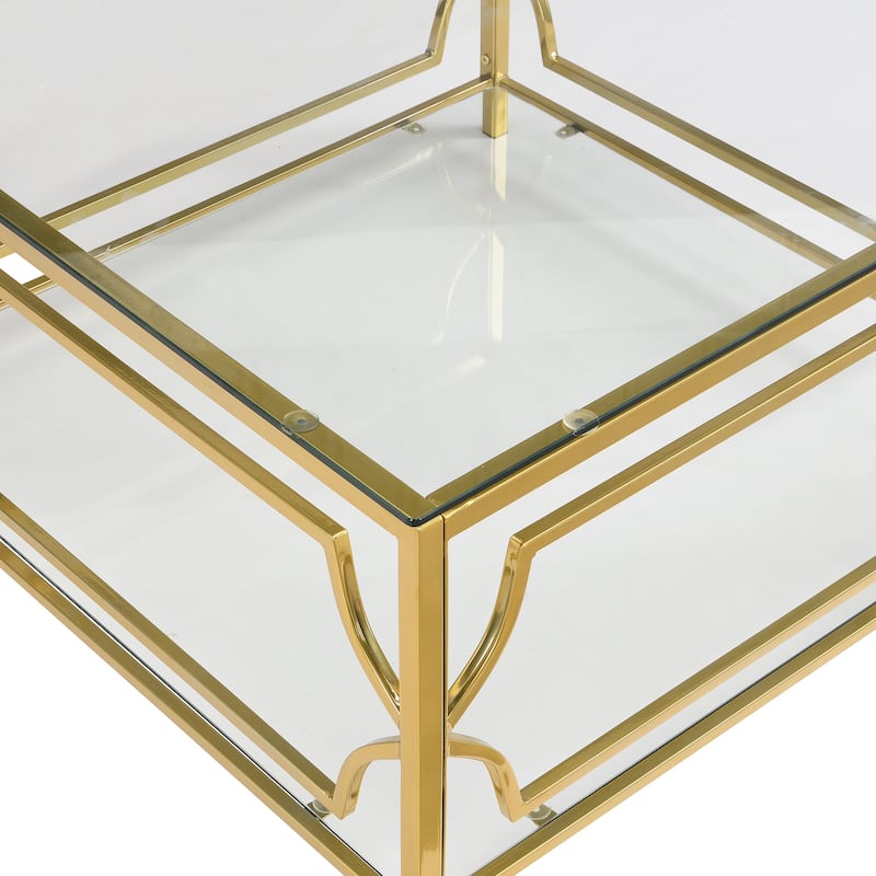 Square Glass Coffee Table in 33.5",Luxurious Geometric Metal Frame,Gold Finish & Lower Shelf