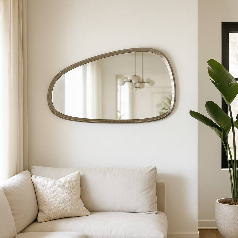 Metal Asymmetrical Mirror with Glass Wood Sculptural Modern Design