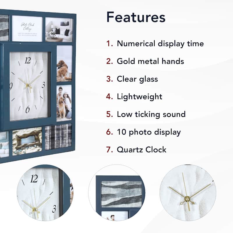 American Art Decor Picture Frame Collage Wall Clock 12 Photo Display Slots