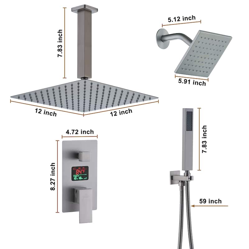 CASAINC Dual Heads 12 Inch Ceiling Mounted Square Shower Head Shower System with Handheld Shower Digital Display Shower