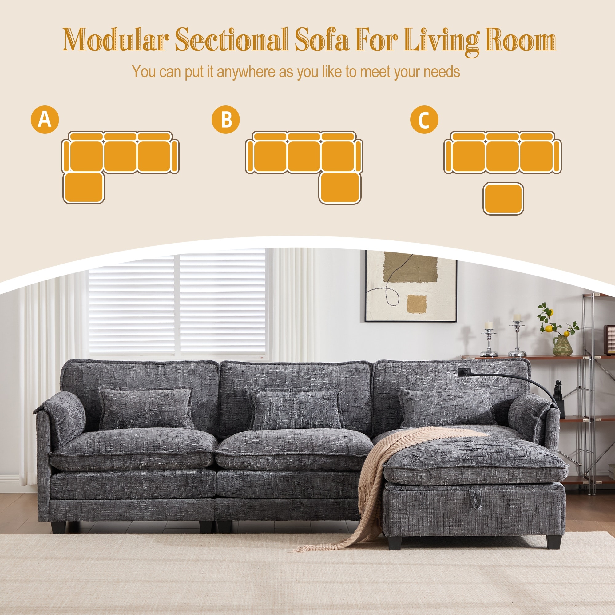 112" Oversized Sectional Sofa Cloud Couch for Living Room, Modern Chenille L Shaped Couch, Comfy Boucle Modular Sofa Sleeper wit