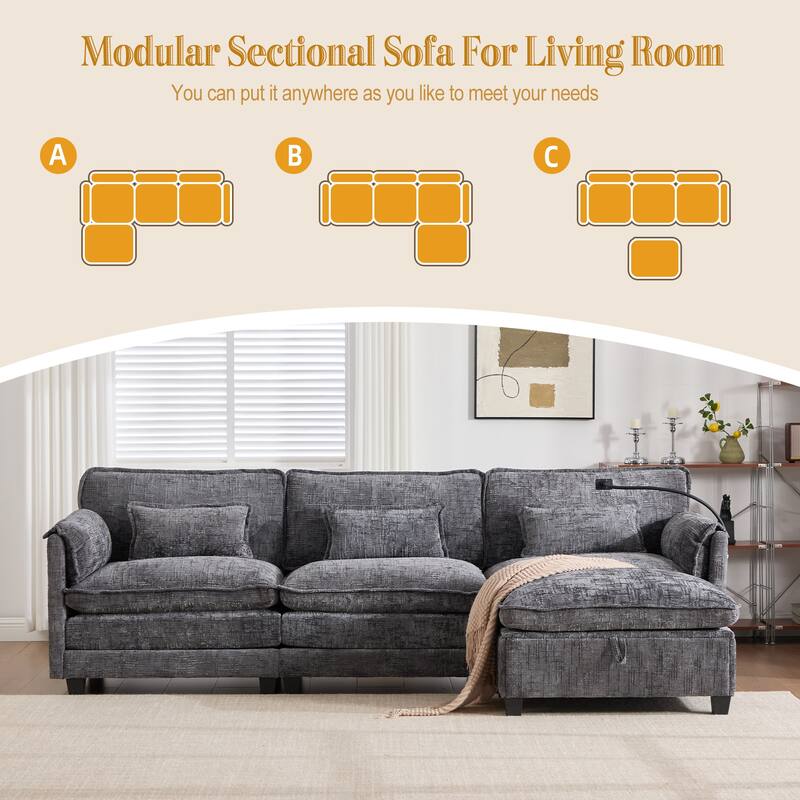 Modern Chenille Chaise Couch L-shaped Sectional Sofa with Storage Ottoman, Phone Holder, USB/Type-C Ports and Side Pockets