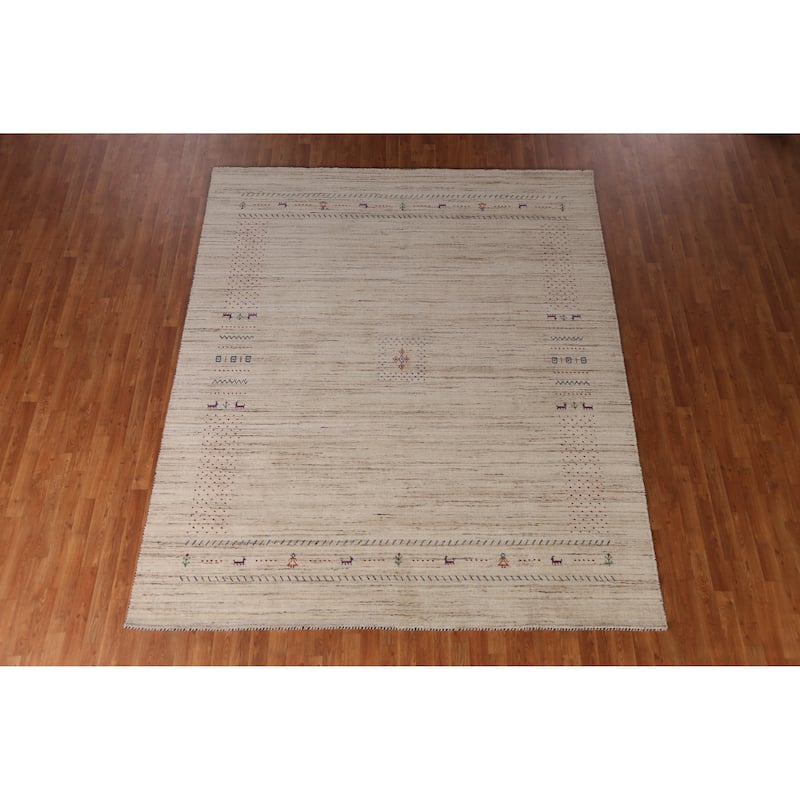 Tribal Gabbeh Indian Area Rug Hand-Knotted Oriental Beige Wool Carpet - 8'2" x 9'9"