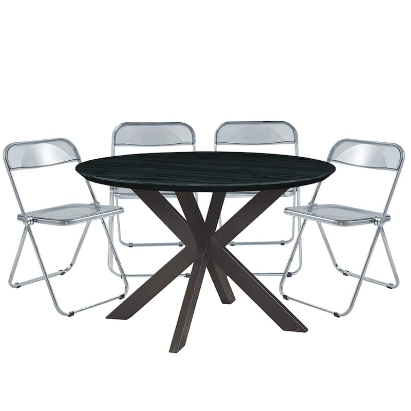 5-Piece Dining Set with Folding Chairs and Round Dining Table Lawrence Collection by LeisureMod - Transparent Black