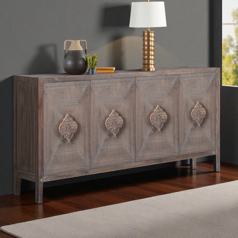59.8" Antique 4-Door Sideboard Buffet Cabinet with Carved Flower Handles, Pine Veneer Storage Console for Living Room