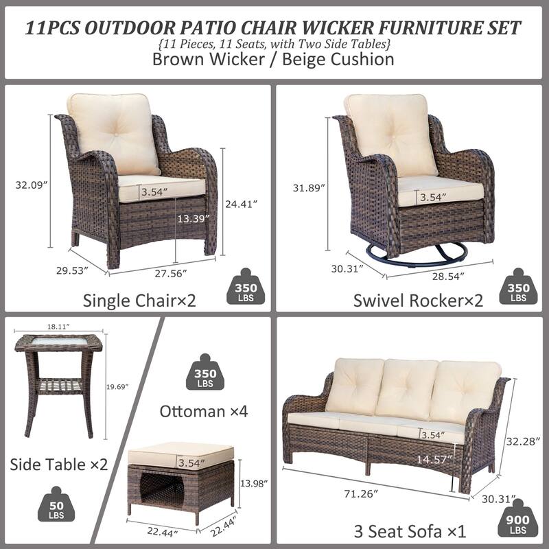 11 Piece Outdoor Brown Wicker Patio Conversation Sets with Swivel Chair