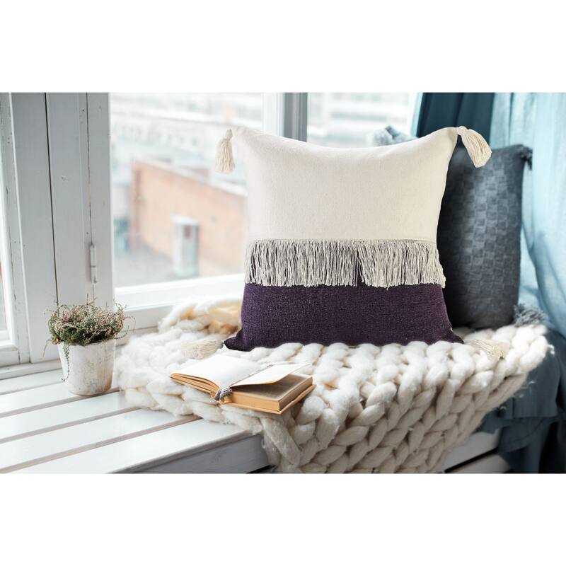 20" Purple and White Fringe Color Block Square Throw Pillow