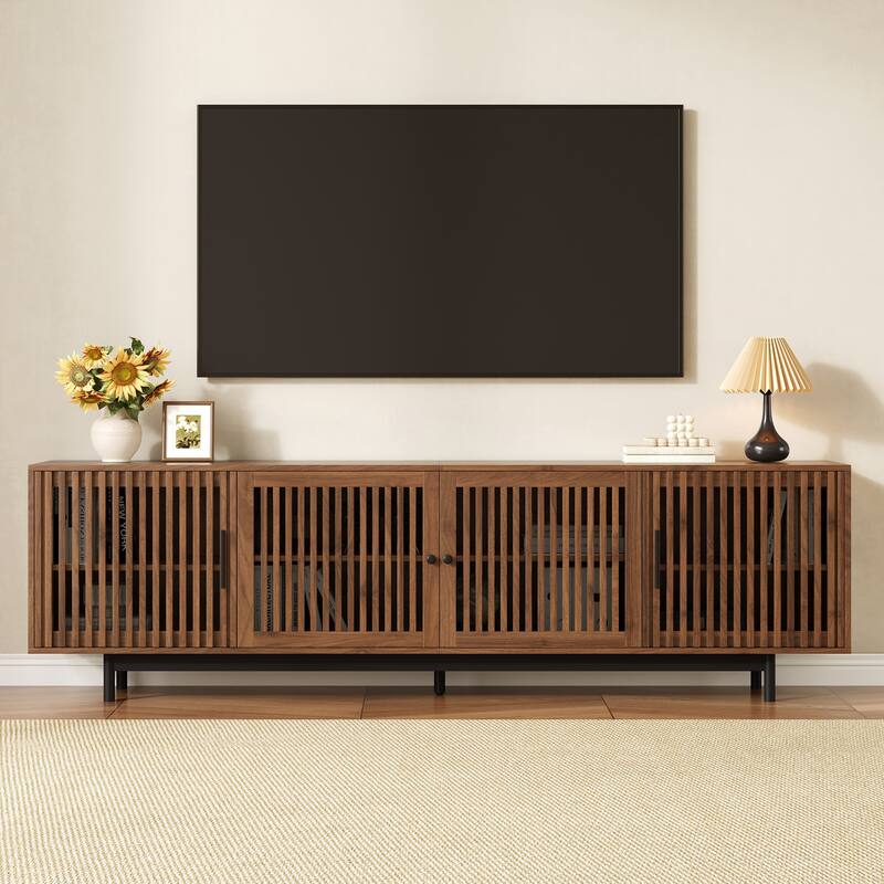 TV Storage Stand for TVs up to 85", Boho Entertainment Center with Louvered Door, Media Storage Console with 4 Cabinets