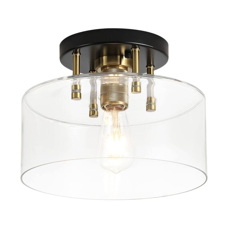 Farmhouse Black Brass 1-Light Glass Drum Semi Flush Ceiling Fixture - 11.8 Inches