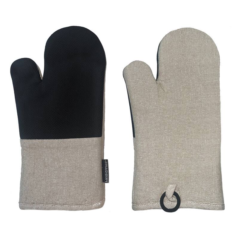 Beige Heat Resistant Thick Soft Quilted Lining Kitchen Oven Glove Mitts With Neoprene - 1 Pair