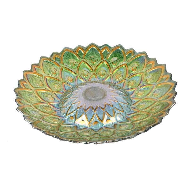 21" Green Peacock Geometric Outdoor Glass Solar Bird Bath with Stand