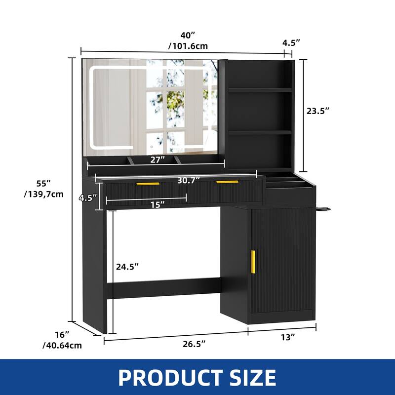 Moasis Makeup Vanity Desk with Power Outlet and 2 Drawers&3 Color Lighting Modes
