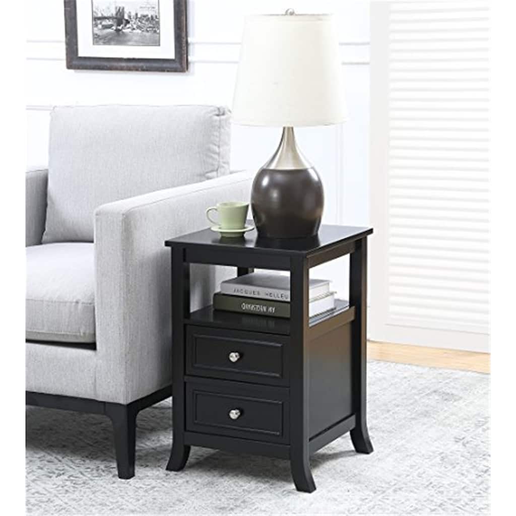Farmhouse End Table with Drawers & Shelf - Modern Accent Table, Birch Veneer, Poplar Wood, Black Finish, 28"L - 24