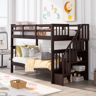 Twin Over Twin Size Solid Wood Bunk Bed with Storage Staircase and ...